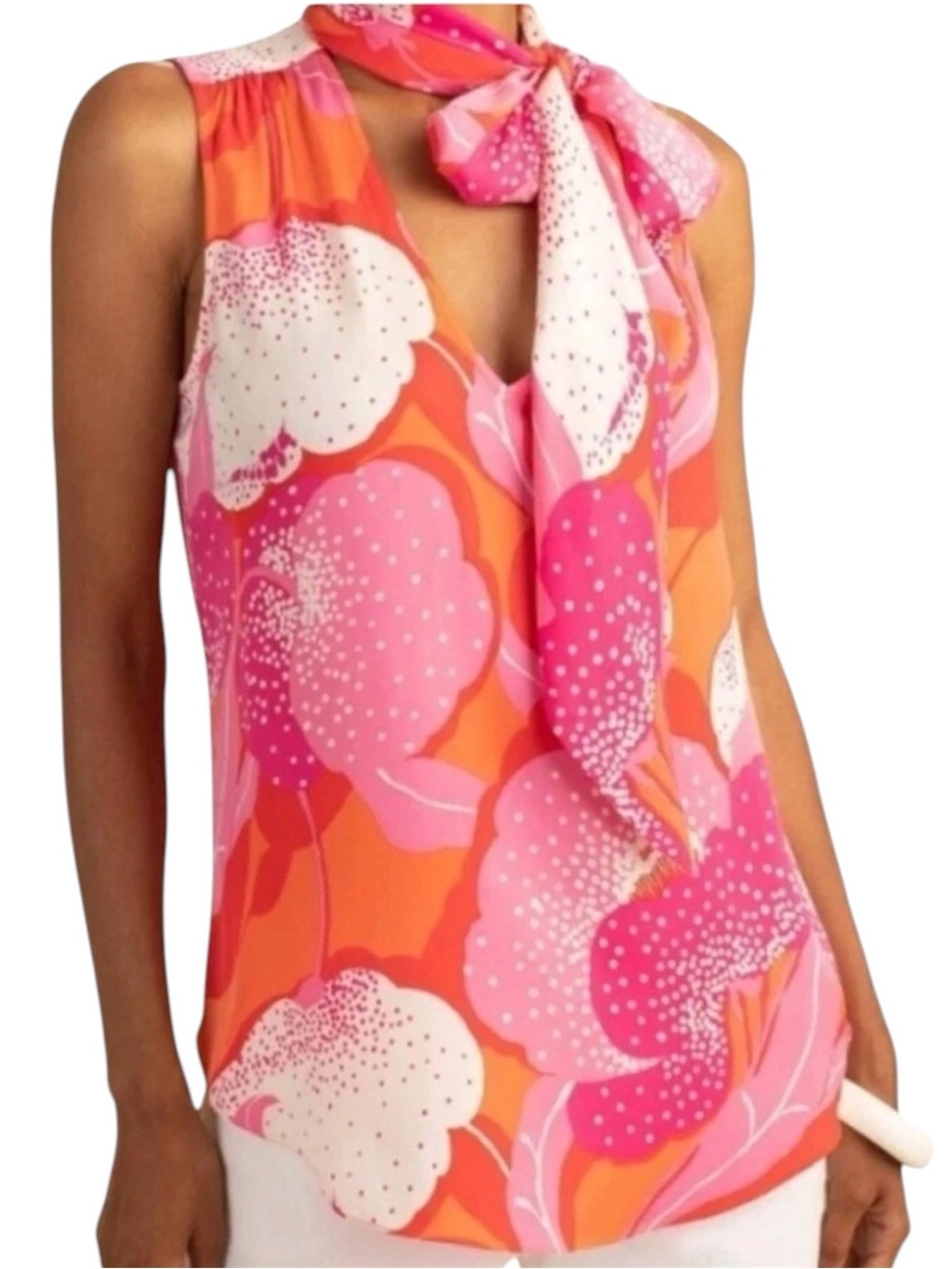 Trina Turk Silk Vibrant Pink & Orange Floral Tie-Neck Tropical Summer Blouse